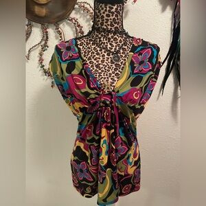 Y2K Bisou Bisou snake Multicolor Floral Tie-Front Blouse